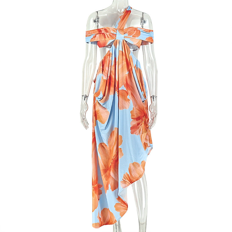 Fashion styleexportsummerprinting women's cool color matching chest wrap hip skirt home oblique collar backless long dress
