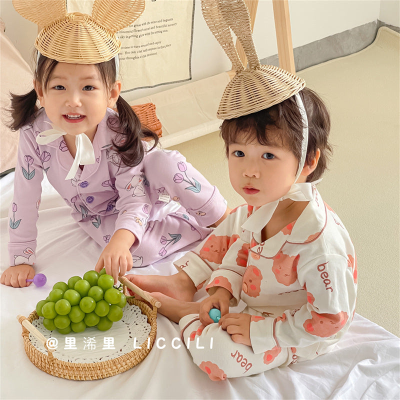 Baby cartoon pajamas, sleepwear, loungewear - stylish korean style, long-sleeved cardigan, pure cotton set, separates for toddlers and young children
