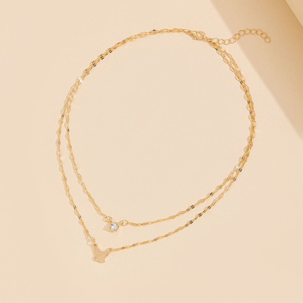 Butterfly necklace wholesale cross-border jewelry double layered clavicle chain women's niche high-end light luxury diamond-studded sweater chain