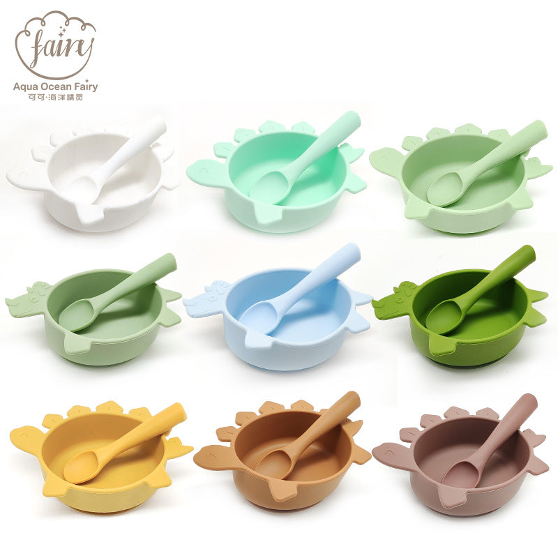 Cross-border hot-selling silicone dinosaur bowls and spoons, Mengqu non-slip tableware two-piece set, baby complementary food silicone bowls and spoons wholesale