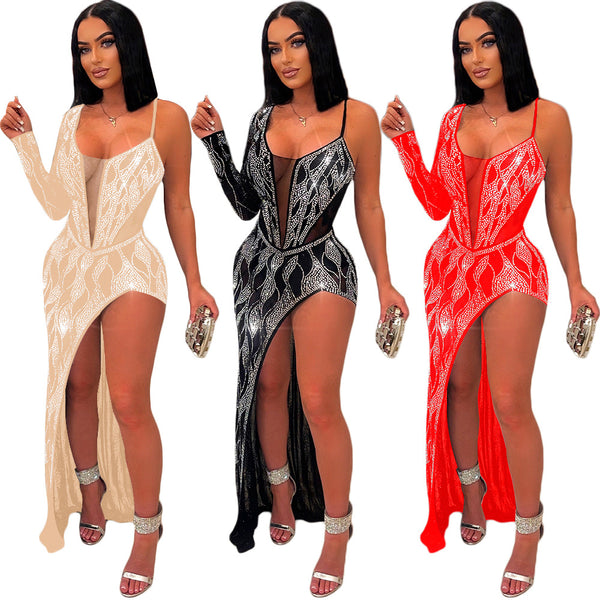 S390434 Cross-border  eBay Women's Sexy Perspective Hot Diamond Long Sleeve Dress Women's Nightclub Evening Dress