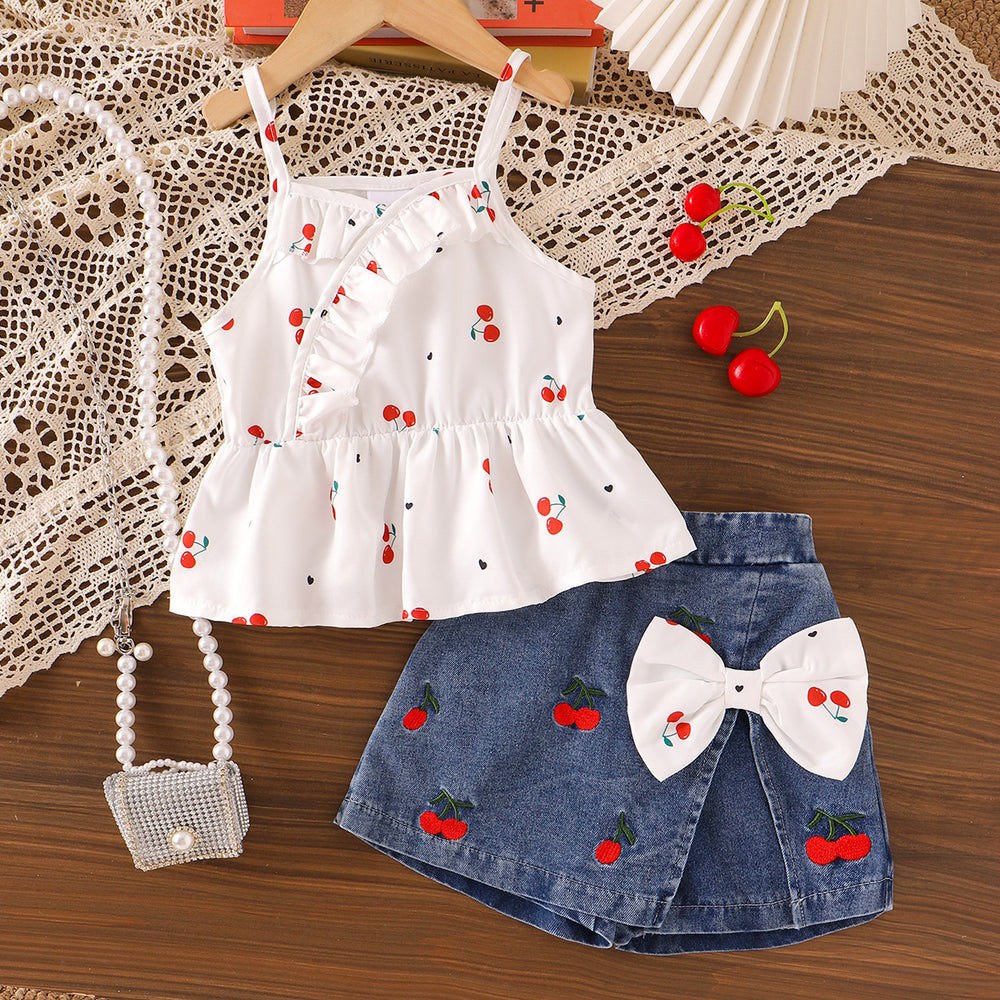 Export cross-border children's clothing girl printing suspender suit summernew arrivalembroider denim skirt and pants two-piece set
