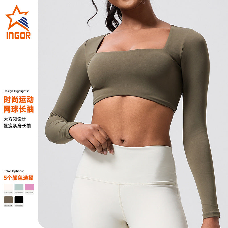 European and american new long-sleeve outdoor running fitness activewear top with built-in bra pads - tennis, golf, and yoga t-shirt