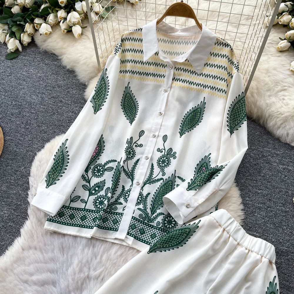 Export cross-border retroprintingfashiontwo-piece set women's polo collar long sleevesshirtloose pantselegantwork clothingsuit