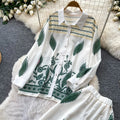 Export cross-border retroprintingfashiontwo-piece set women's polo collar long sleevesshirtloose pantselegantwork clothingsuit