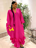 African-inspired new party dress: v-neck batwing sleeve robe with pocket and bow detail