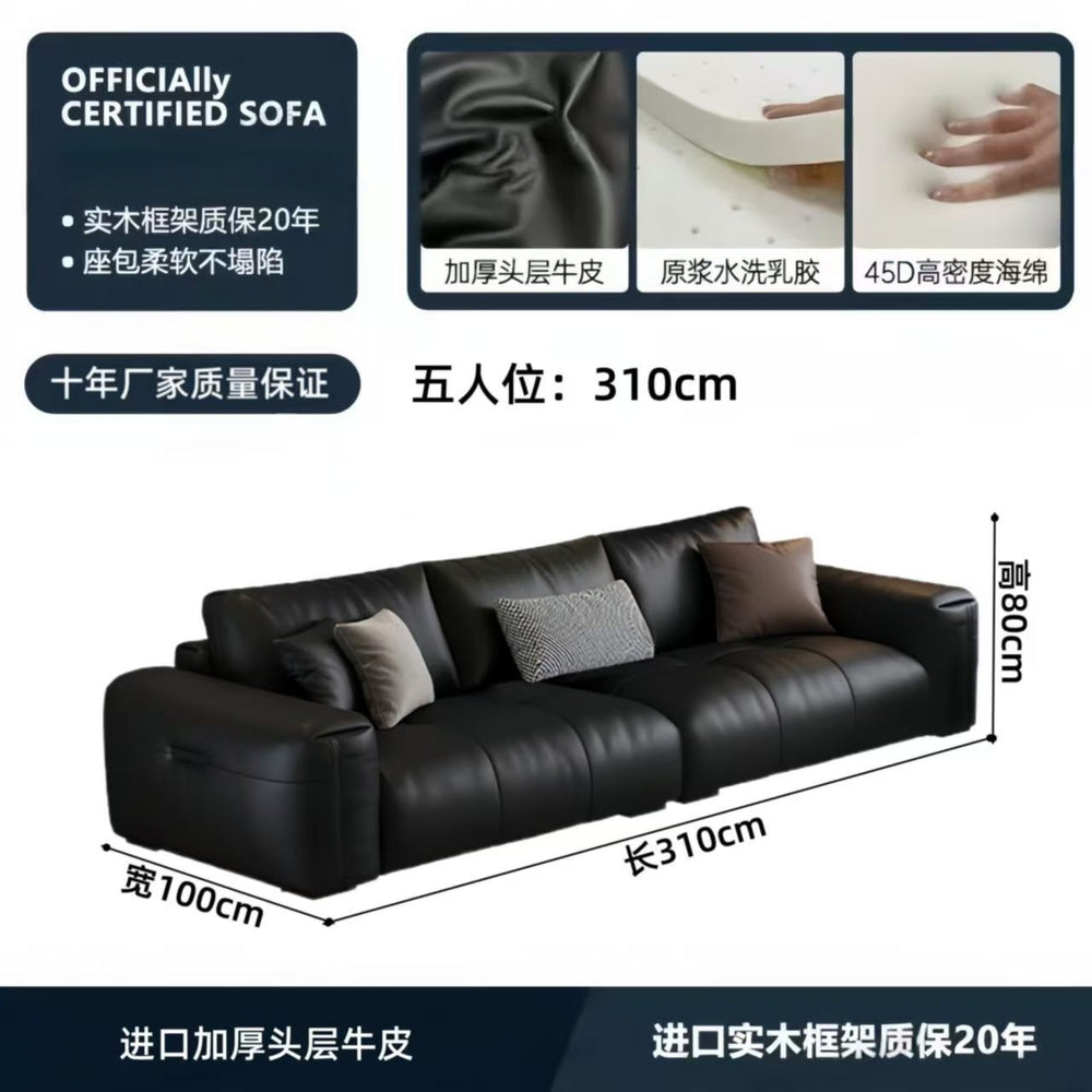Italian minimalist genuine leather sofa, perfect for small apartments. black, top-grain cowhide, straight-row, high-end leather sofa for home living rooms
