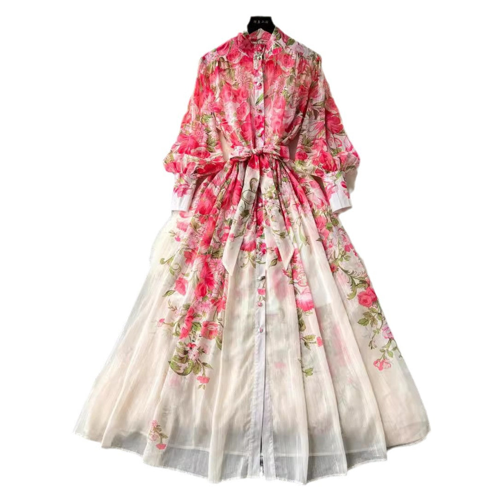European and american print dress - women's stand collar long sleeve high-end cinched waist tie-up maxi dress - niche french chiffon fairy style