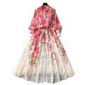 European and american print dress - women's stand collar long sleeve high-end cinched waist tie-up maxi dress - niche french chiffon fairy style