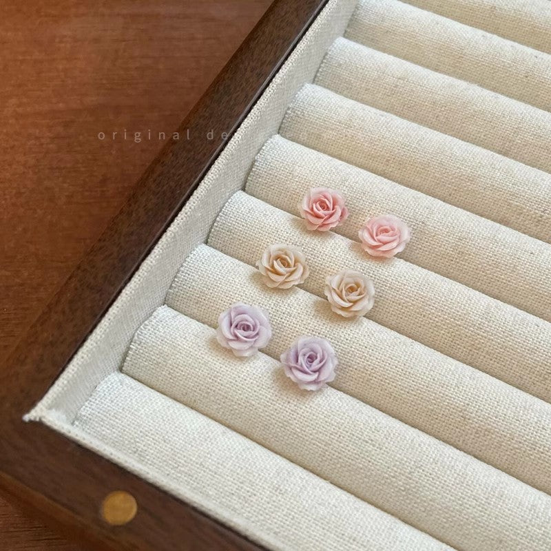 Pink rose flower silver needle stud earrings - minimalist, dainty, elegant, and exquisite. a luxurious, niche, and high-end design