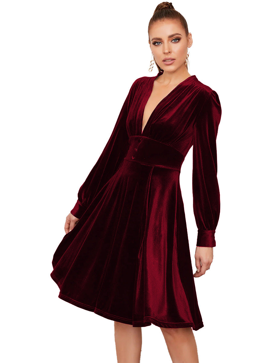Amazon women's european and american style gold velvet v-neck midi dress,  spring new arrival solid color puff sleeve dress