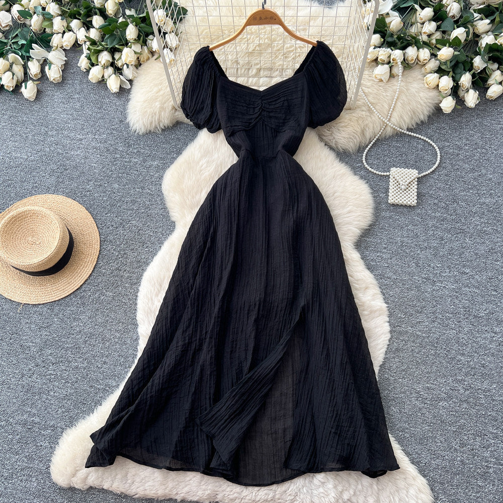Lady style yellow casual puff sleeve dress women's summer lazy square neck waist slimming look a-line long skirt