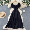 Lady style yellow casual puff sleeve dress women's summer lazy square neck waist slimming look a-line long skirt