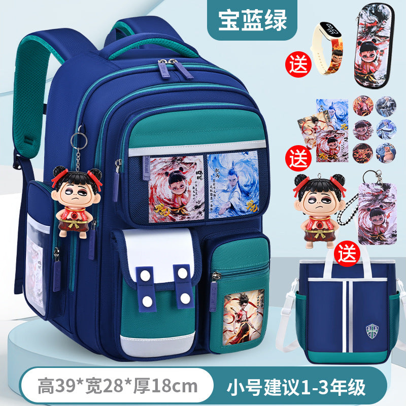 New nezha backpack for boys and girls, grades 1-6: spine protection, lightweight design, and extra-large capacity