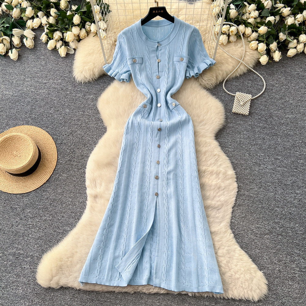 Export french tweed styleclassyfashionable buttoned silm short-sleeved knittingdress women's summer waist elegant
