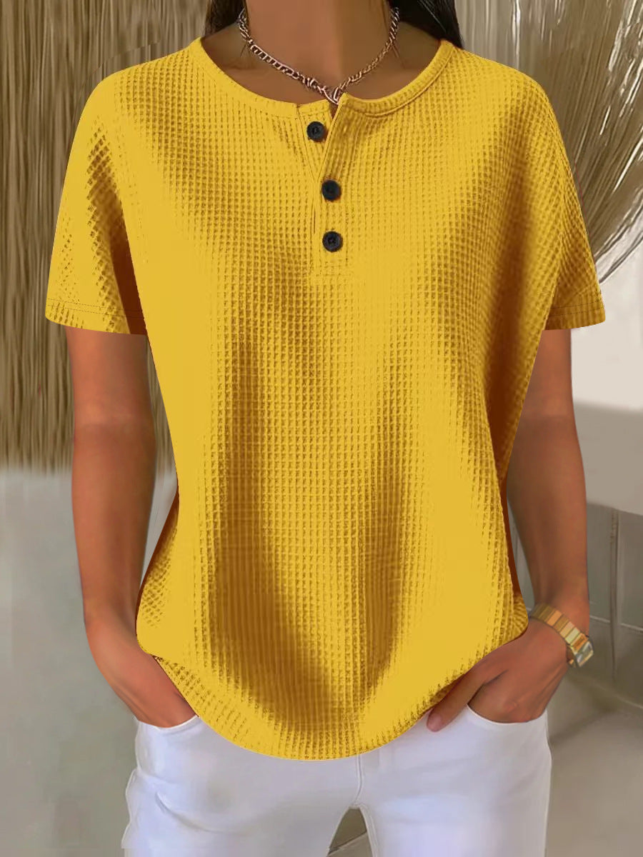 Ready-to-ship, cross-border amazon, foreign trade, fashionable crew neck waffle knit 2026 summer new style solid color pullover loose top