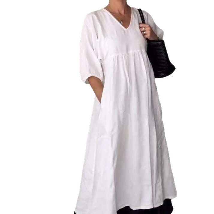 Amazon independent station fashion cross-border autum women's cotton and linen deep v neck pleated pure colorcasualflap pocket pantsdress