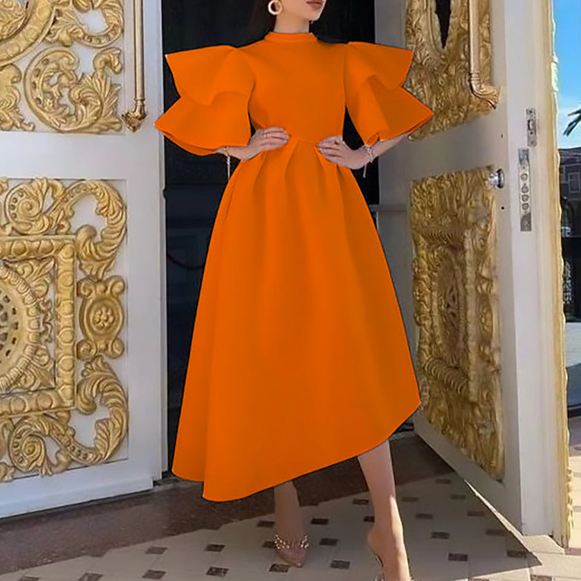 Women's foreign trade summer  new high neck ruffle sleeve high waist asymmetrical evening gown plus size european and american style dress