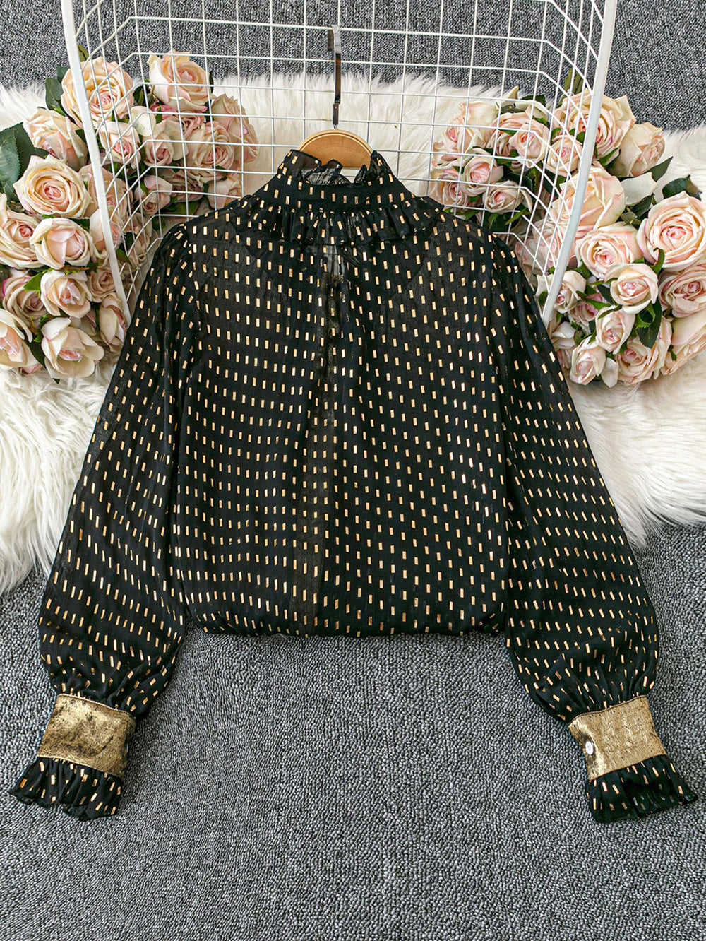 Black bottom gold printing tops collar bows fungus edge patchworkcontrast color bell sleeve short chiffon shirt