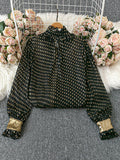 Black bottom gold printing tops collar bows fungus edge patchworkcontrast color bell sleeve short chiffon shirt