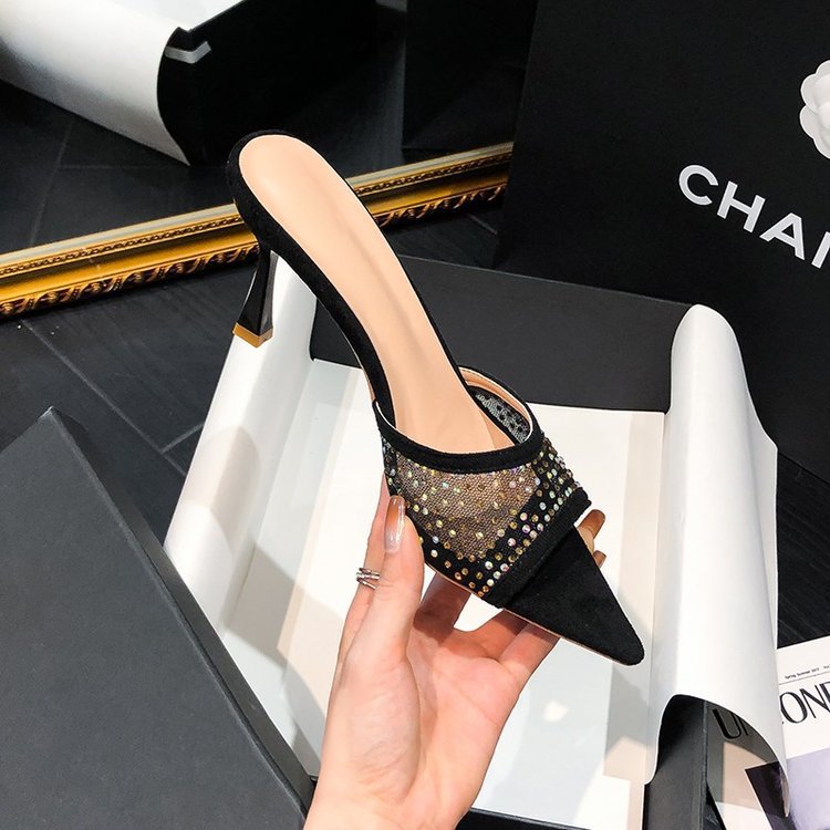 跨境大码尖头水钻时尚高跟凉拖鞋2025夏季新款增高外穿露趾女鞋