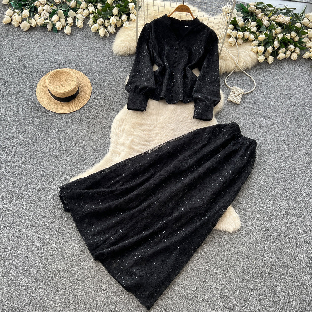 French chic autumn outfit: embroidered sequin mesh top with high-waisted midi skirt set