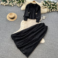 French chic autumn outfit: embroidered sequin mesh top with high-waisted midi skirt set