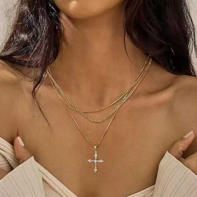 Cross pendant necklace wholesale - european and american style, multi-layered, trendy design, sweet & cool, unique clavicle chain necklace
