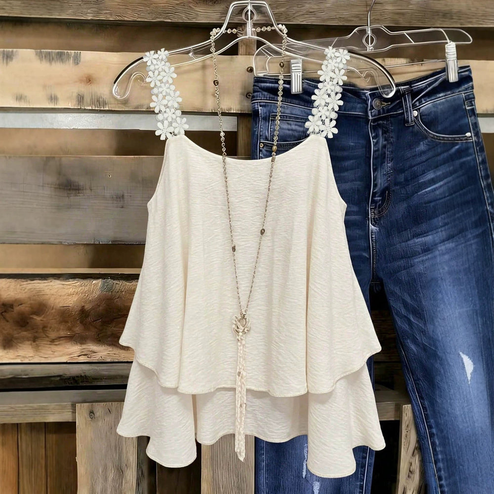 Exportfashion gentle style topsstereo white flower lace shoulder strap double layerloosedraped sleeveless suspender back