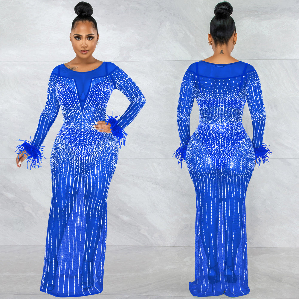 X5605   fashion nightclub party rhinestone women's mesh see-through long sleeve maxi dress