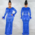 X5605   fashion nightclub party rhinestone women's mesh see-through long sleeve maxi dress