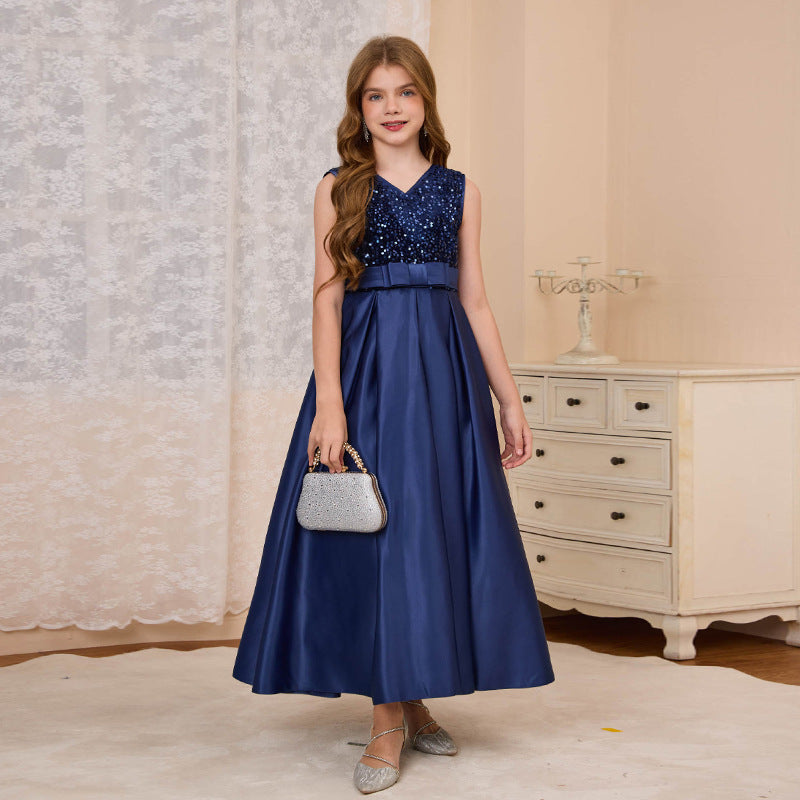 fashionexportfashion stylegirl dress long skirt v-neck evening dress satin princess dress catwalk classysequin skirt