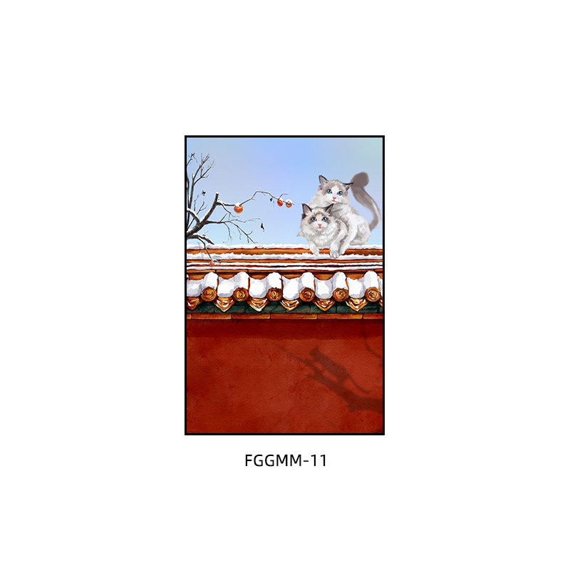 Palace Museum painting Chinese hotel restaurant private room box antique red decorative painting hotel living room cat mural