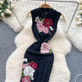 New chinese retroelegancecheongsam women's summersense of designheavy industryembroider waist silm sleevelesslacedress