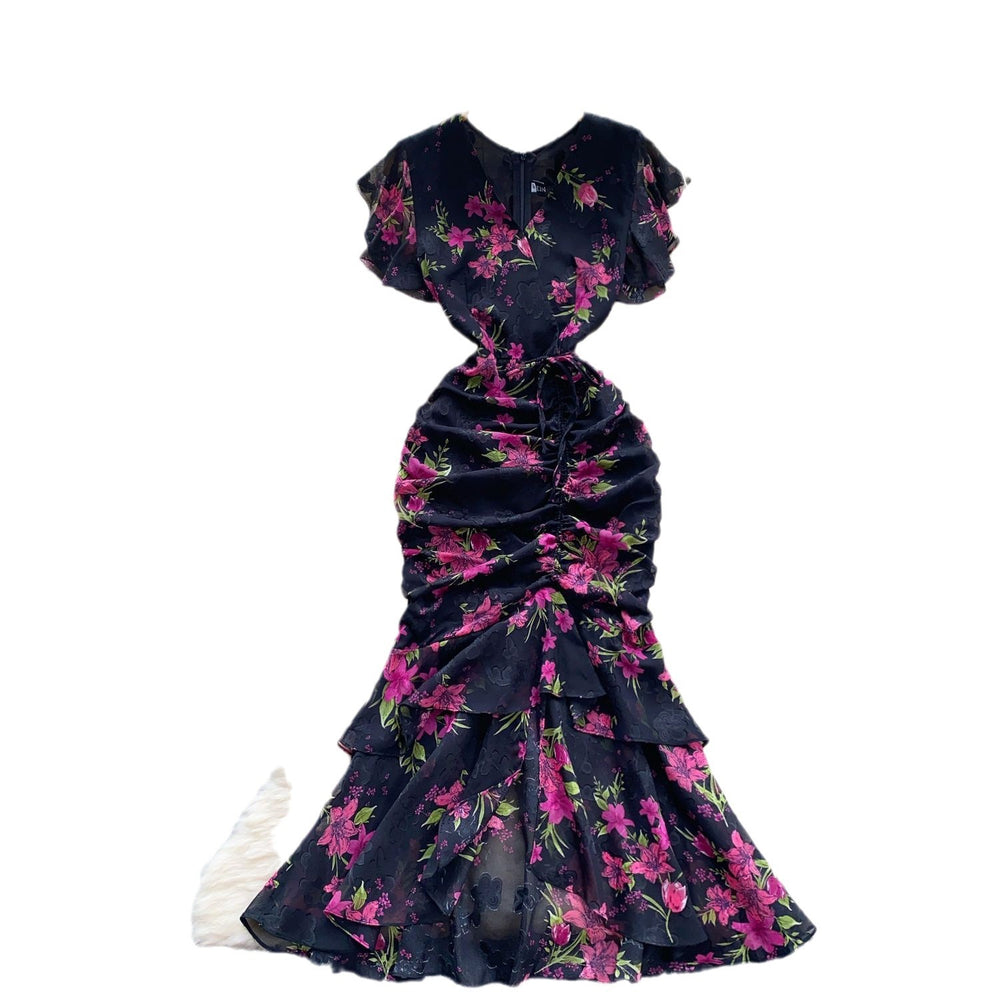 High and cold royal sister goddess style dress scheming pleated straps waist asymmetrical floral chiffon mermaid dress dress