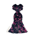 High and cold royal sister goddess style dress scheming pleated straps waist asymmetrical floral chiffon mermaid dress dress