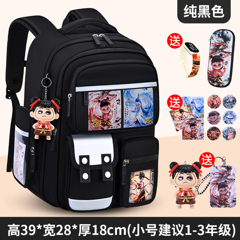 New nezha backpack for boys and girls, grades 1-6: spine protection, lightweight design, and extra-large capacity