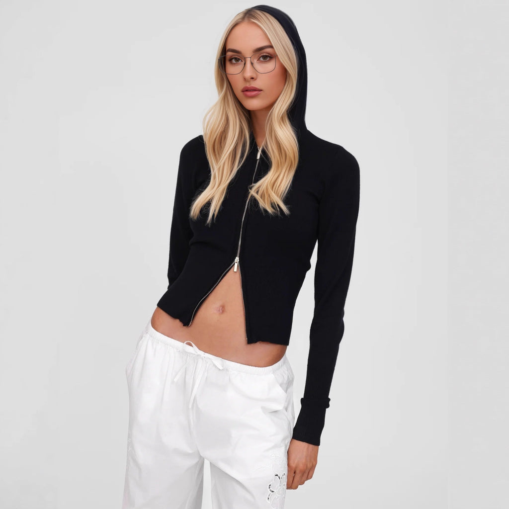 Cross-border Europe, America and 2025 autumn new fashion and leisure double-ended zipper hooded slim-fitting long-sleeved cardigan jacket