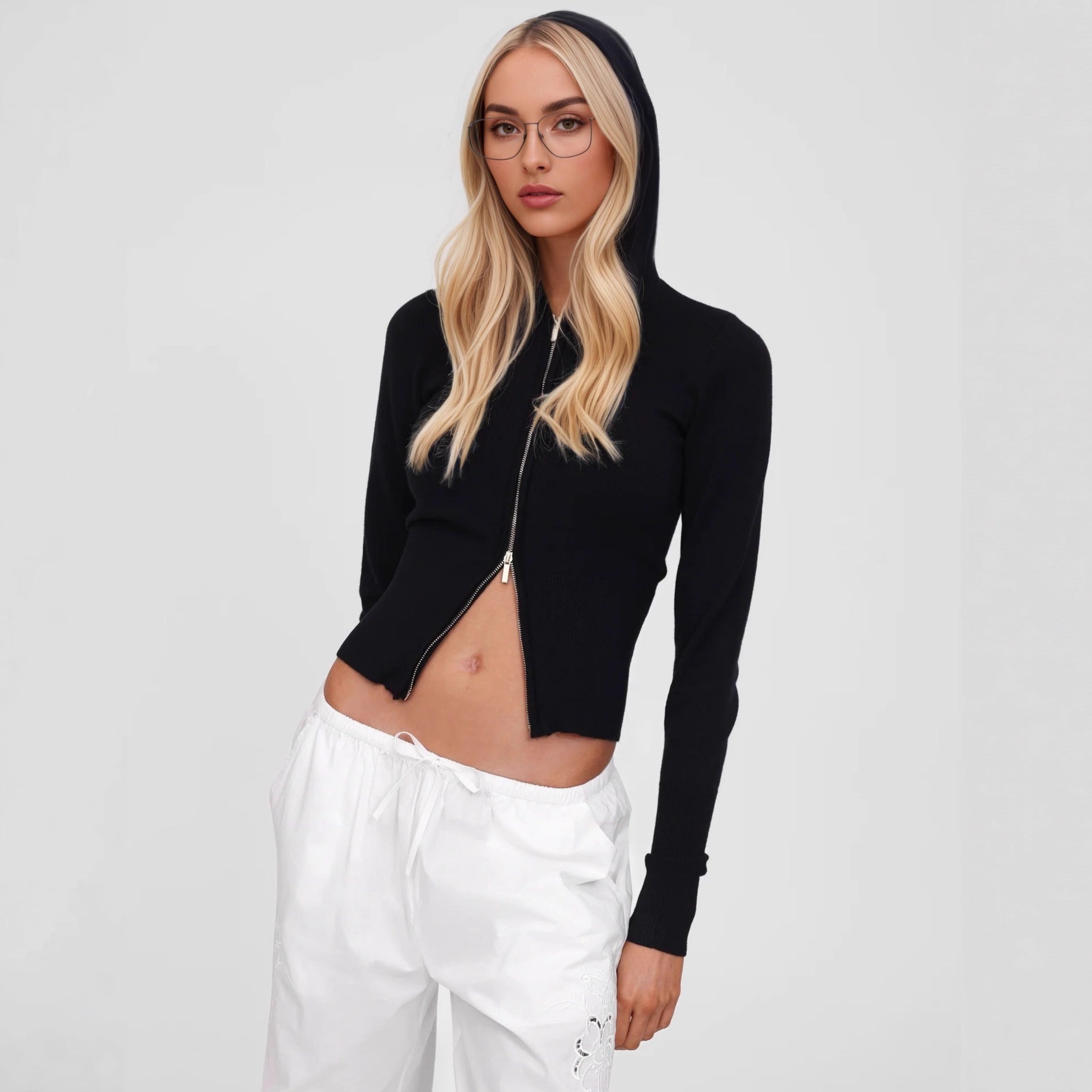 Cross-border Europe, America and 2025 autumn new fashion and leisure double-ended zipper hooded slim-fitting long-sleeved cardigan jacket