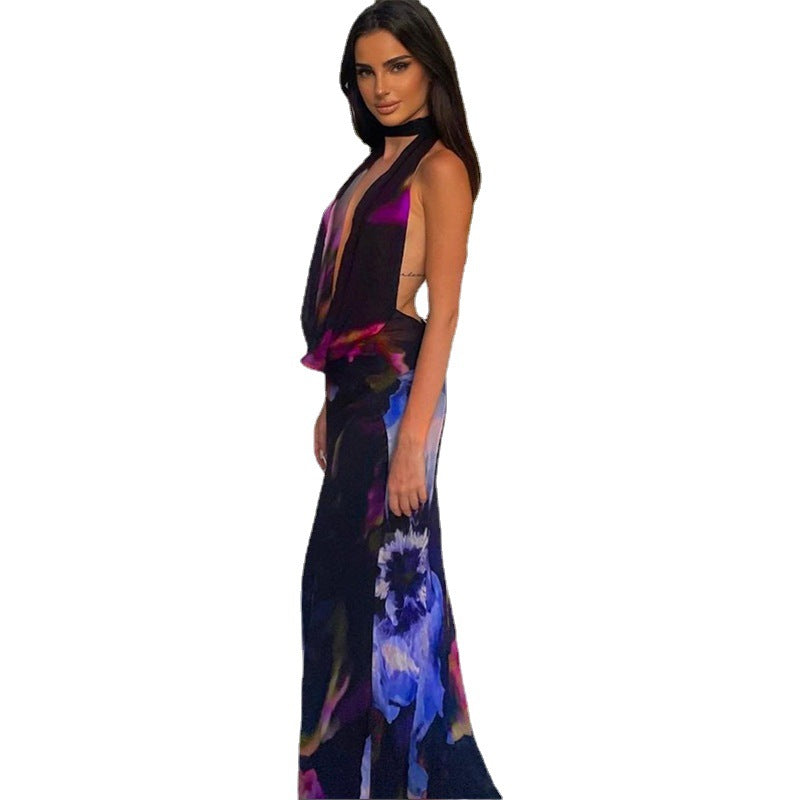 2022 new European and American women's clothing   manufacturers digital printing sexy drape collar long medium and long dress