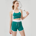 Spring/summer high-waisted activewear set for women - color block, open back, body-hugging, barely-there feel yoga set with running shorts - gym & yoga apparel