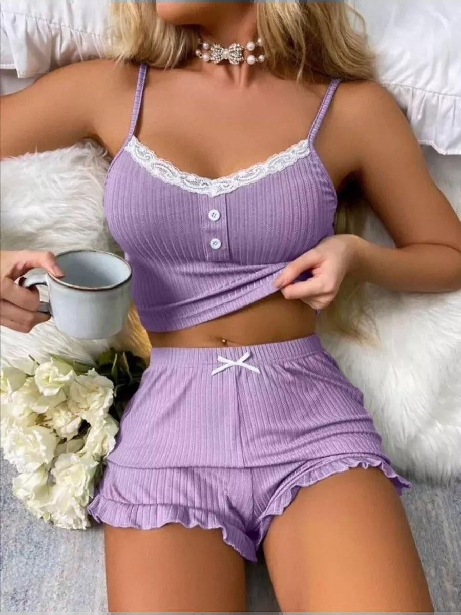 Amazon cross-border new european and american women's lingerie set - sexy lace trim cami top and shorts pajama set