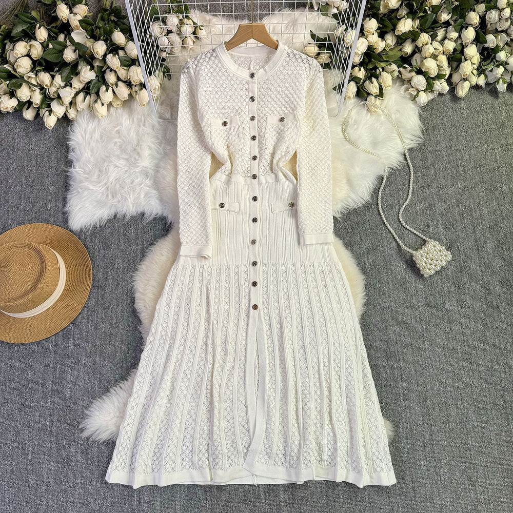 Autumfrench small fragrance elegancelightful grids round neck elegant waist long sleeves knittingdresspleatedniche style design
