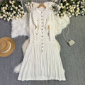 Autumfrench small fragrance elegancelightful grids round neck elegant waist long sleeves knittingdresspleatedniche style design