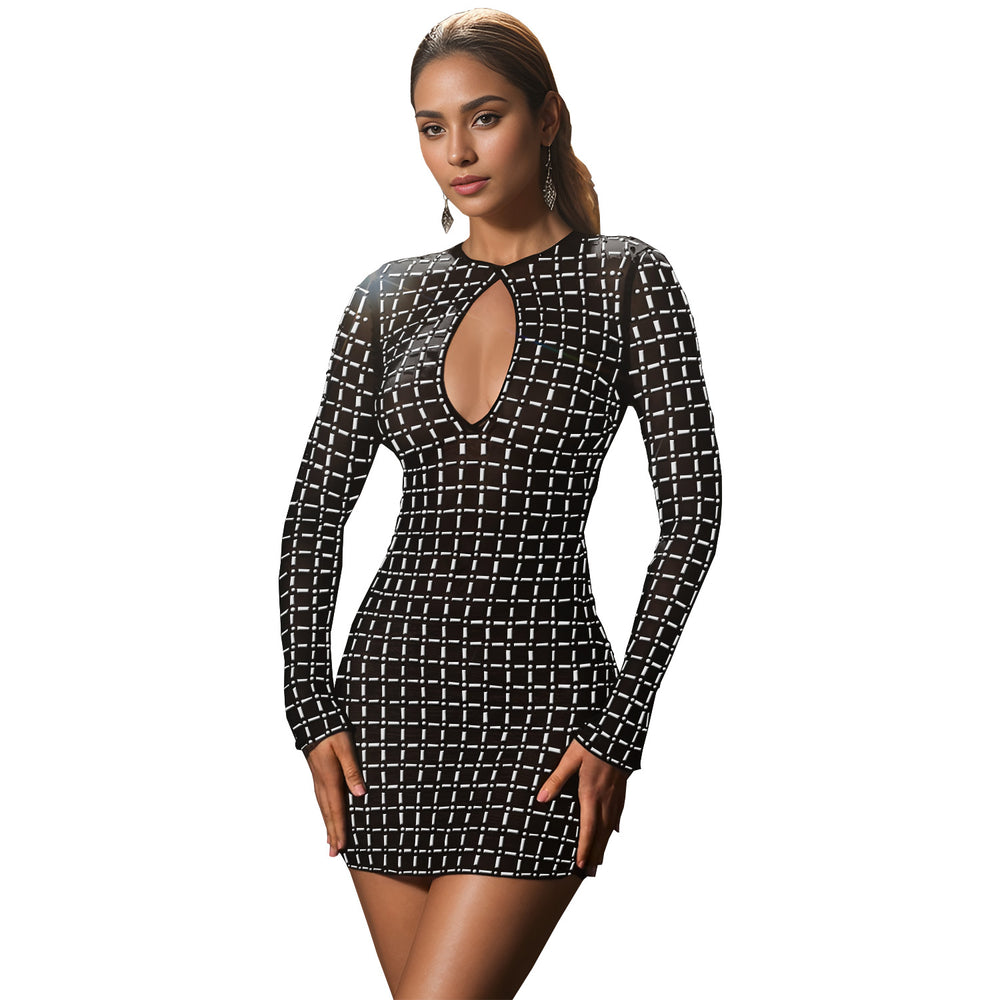 C7230 cross-border   fashion women's sexy backless mini dress rhinestone long sleeve dress