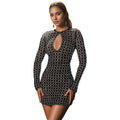 C7230 cross-border   fashion women's sexy backless mini dress rhinestone long sleeve dress
