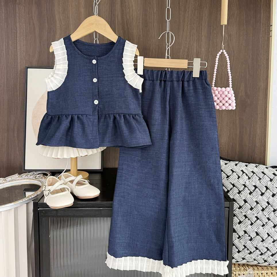 girls' stylish denim-look casual outfit - new summer collection: kids' tank top & wide-leg pants - trendy children's clothing for export