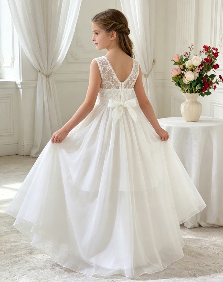 export girls' european and american style white wedding dress lace patchwork long dress chiffon summer holiday vacation dress