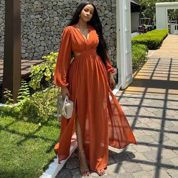 European and American  women's clothing 2025 autumn new fashionable and elegant V-neck lantern sleeve hollow split-ended streamer dress