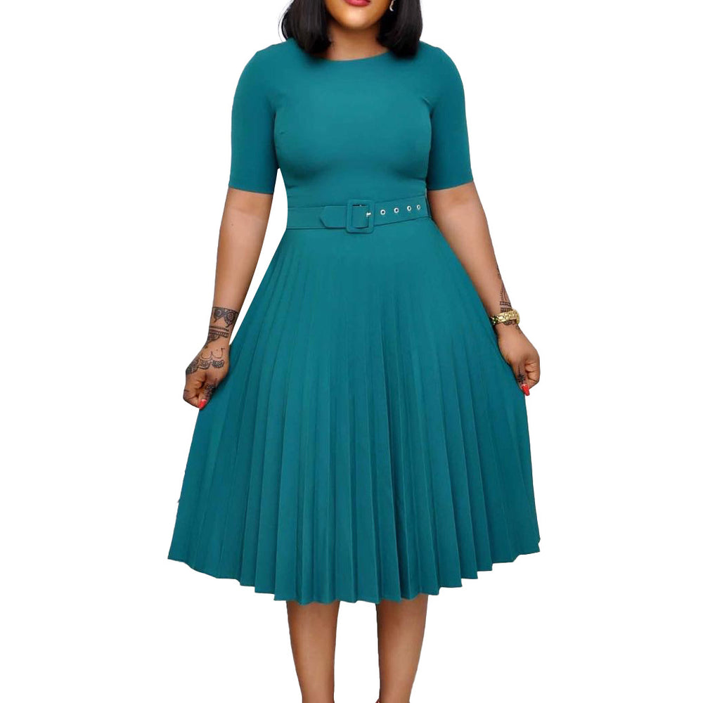 D3292 cross-border new european and american  round neck midi pleated skirt plus size african cross-border african dress